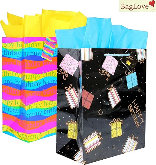 BagLove Large Gift Bags with Tissue Paper (2 Pack) 10.5" x