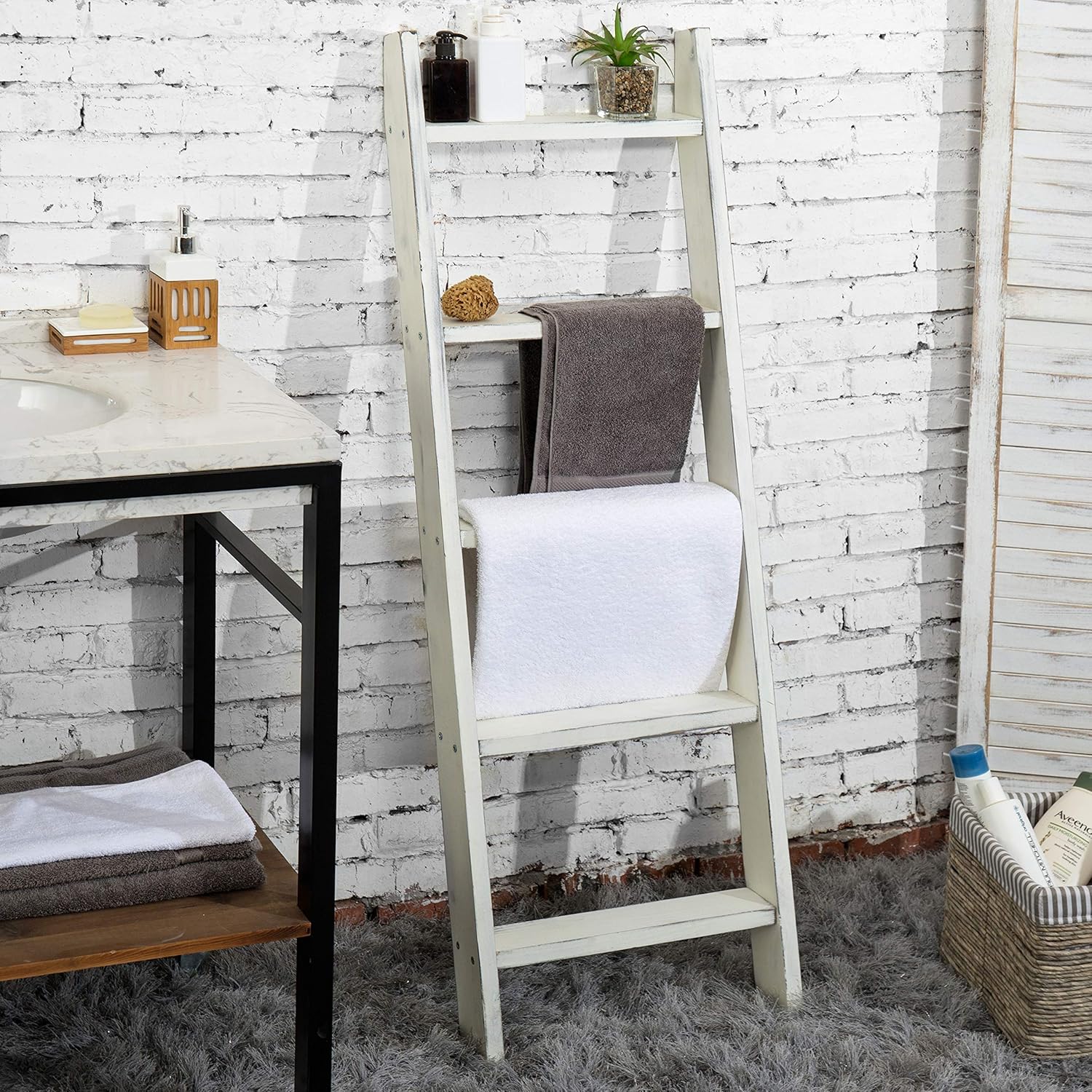 MyGift Wall-Leaning Rustic Gray with White Finish Wood Ladder-Style Blanket Rack: Home & Kitchen