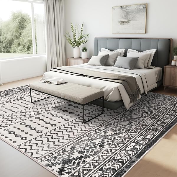 ART&TUFT 9X12 AREA RUG, SUPER SOFT ULTRA-THIN MOROCCAN WASHABLE RUG, ANTI-SLIP BACKING AREA RUGS 9X12 LIVING ROOM, FOLDABLE GEOMETRIC MACHINE WASHABLE AREA RUG(9’X12′, BLACK)