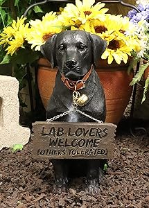 Ebros Gift Lifelike Pet Pal Labrador Retriever Statue 13.25" H Golden Retriever Dog with Jingle Collar and Greeting Sign As Patio Welcome Home Decor Sculpture (Black)