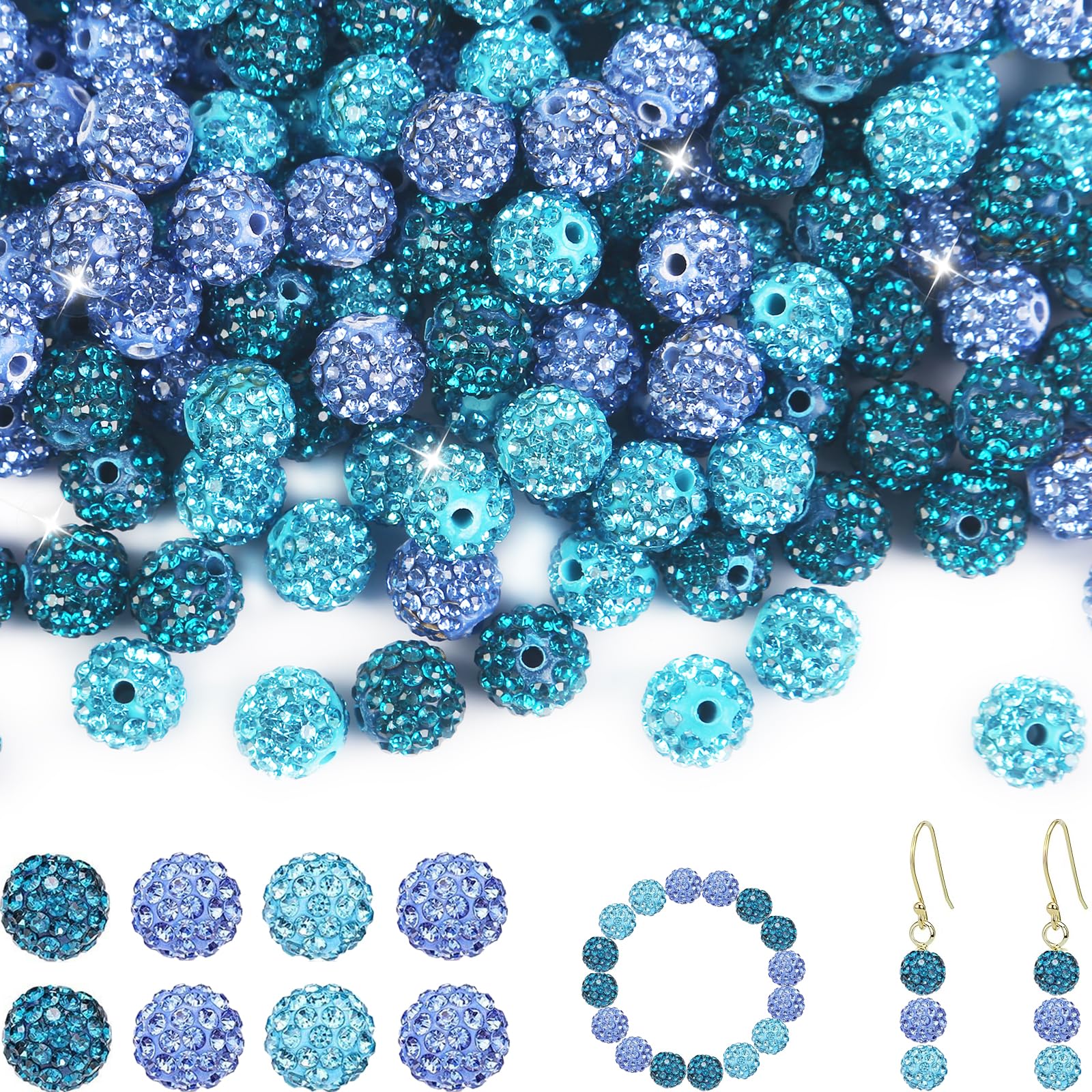 Photo 1 of 100Pcs Rhinestone Beads 10mm Blue Sparkle Round Shamballa Disco Ball Beads, Shiny Crystal Clay Pave Diamond Rhinestones Bead for Baseball Necklace Bracelet Earring Jewelry Making Party Decoration