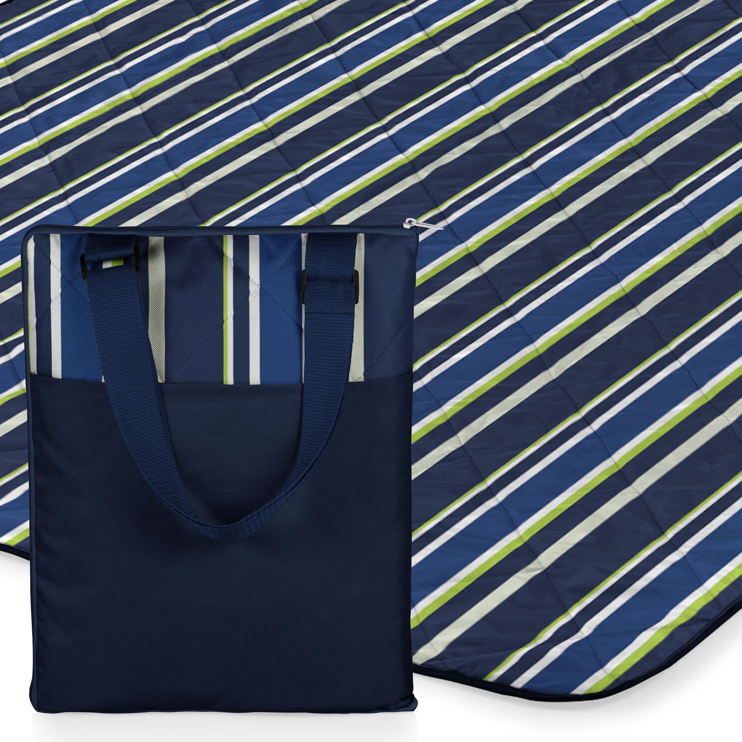 Picnic Time ONIVA - a brand - Vista Outdoor Picnic Blanket & Tote - Beach Blanket - Camping Blanket, (Blue Stripe Pattern with Navy Blue Exterior)