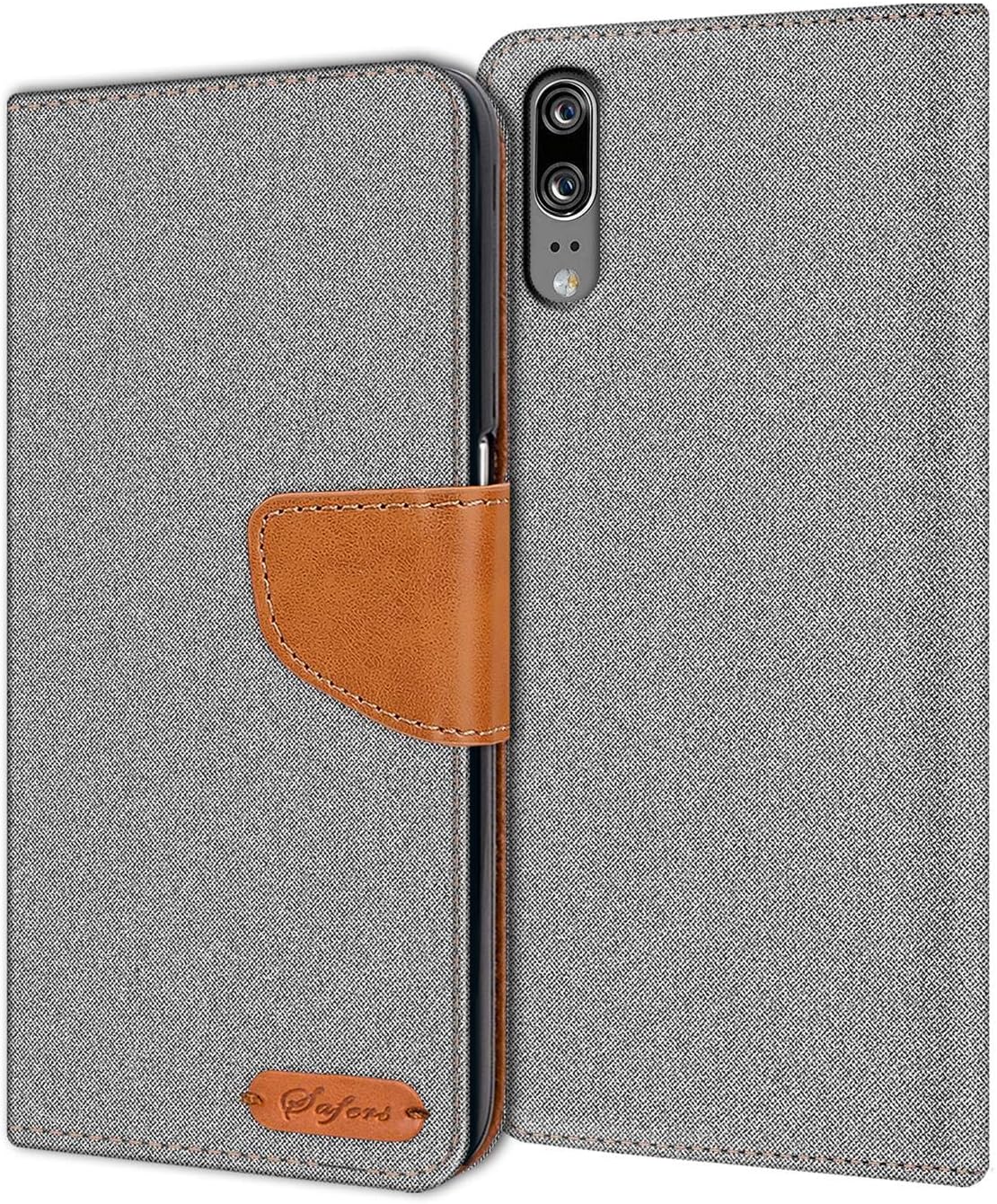 Verco Phone Wallet Case compatible with the Huawei P20, Canvas Faux Leather Book Cover for the P20 Flip Case Bag Hinged - Grey
