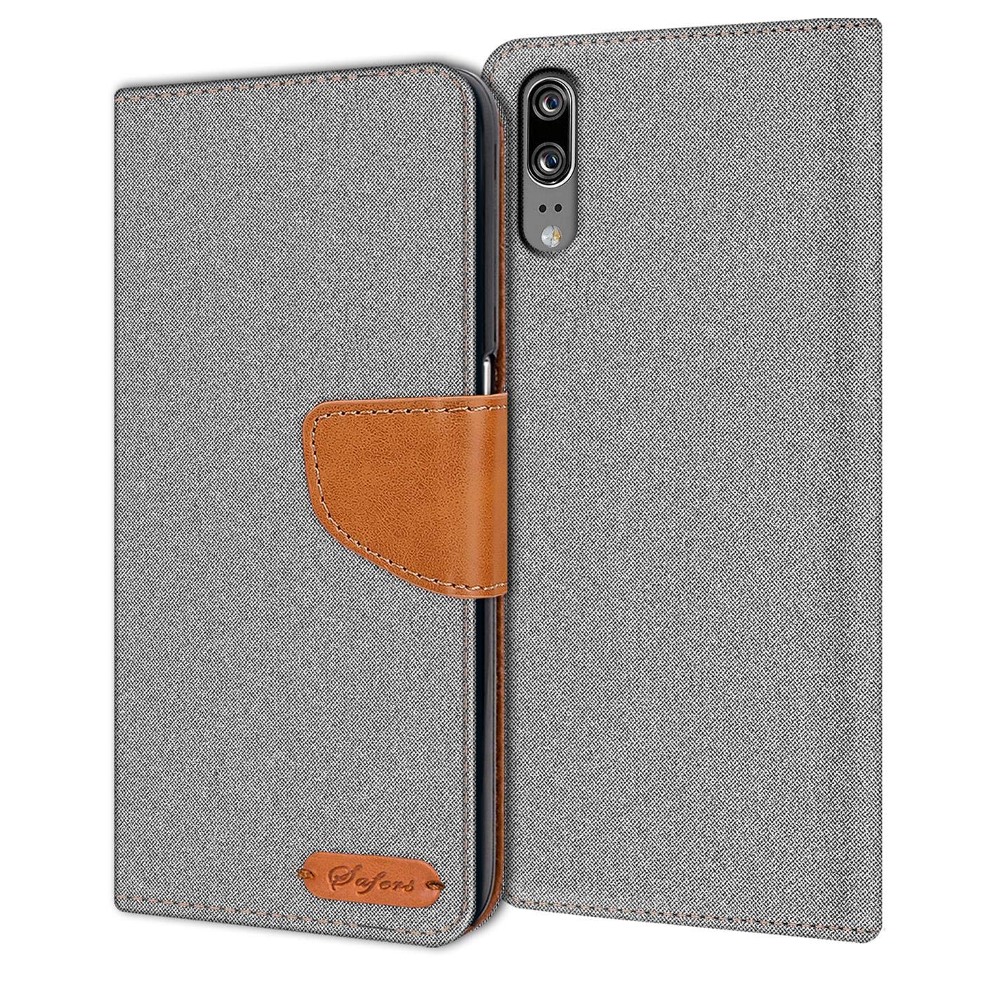 Verco Phone Wallet Case compatible with the Huawei P20, Canvas Faux Leather Book Cover for the P20 Flip Case Bag Hinged - Grey