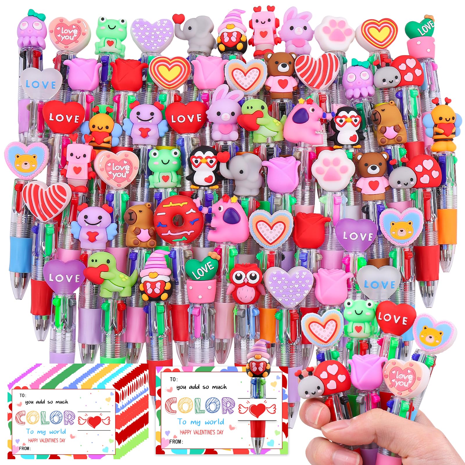 CZWZ 60Pcs Mini Multicolor Pen in One 4-in-1 Cute Pens Bulk for Kids, Ballpoint Pens for Birthdays and Children's Parties, Fun Pens Gifts Assorted Ink Kawaii Pen(Valentine) Image
