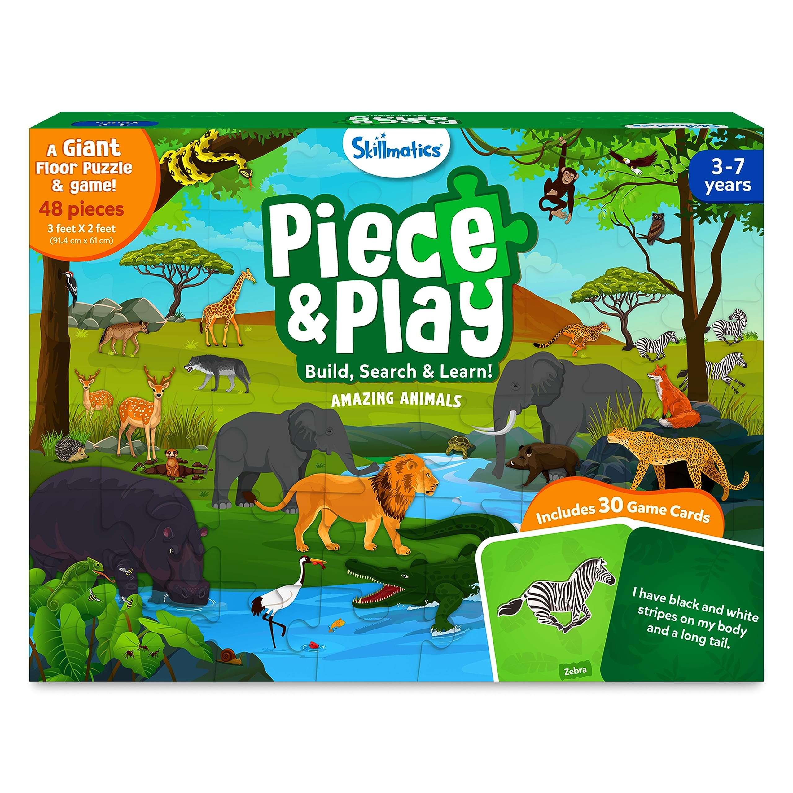 Skillmatics Floor Puzzle & Game - Piece & Play Wild Animals, Jigsaw & Toddler Puzzles, Educational Toy, Gifts for Boys & Girls Ages 3, 4, 5, 6, 7 (48 Pieces, 2 x 3 feet)