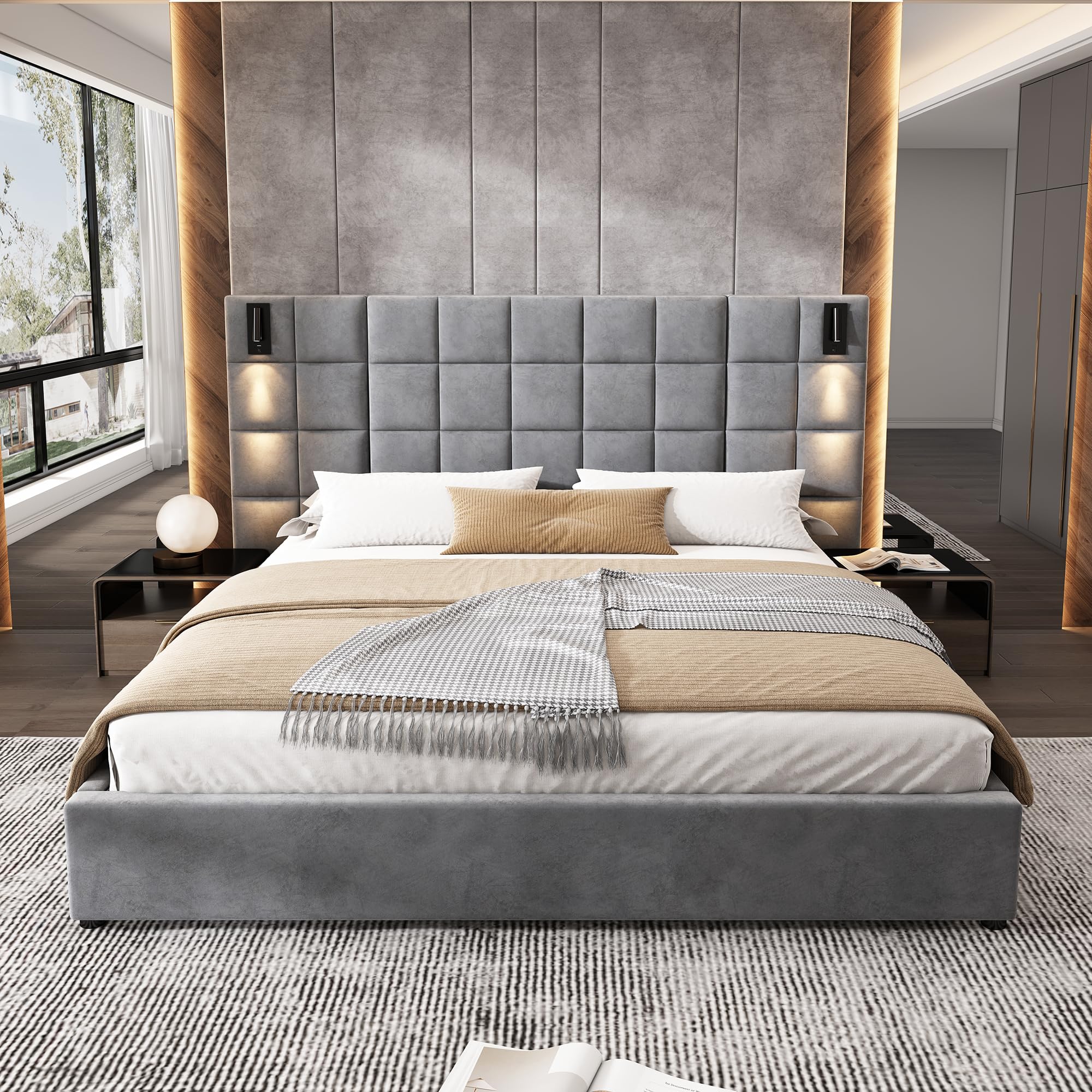 Photo 1 of Christopher Knight Home Svens 46" High Headboard Bed, King Size Platform Bed Frame, Soft Velvet Upholstered California King Bed Frame, Square Pattern Design with Reading Lamps and USB Ports, Grey