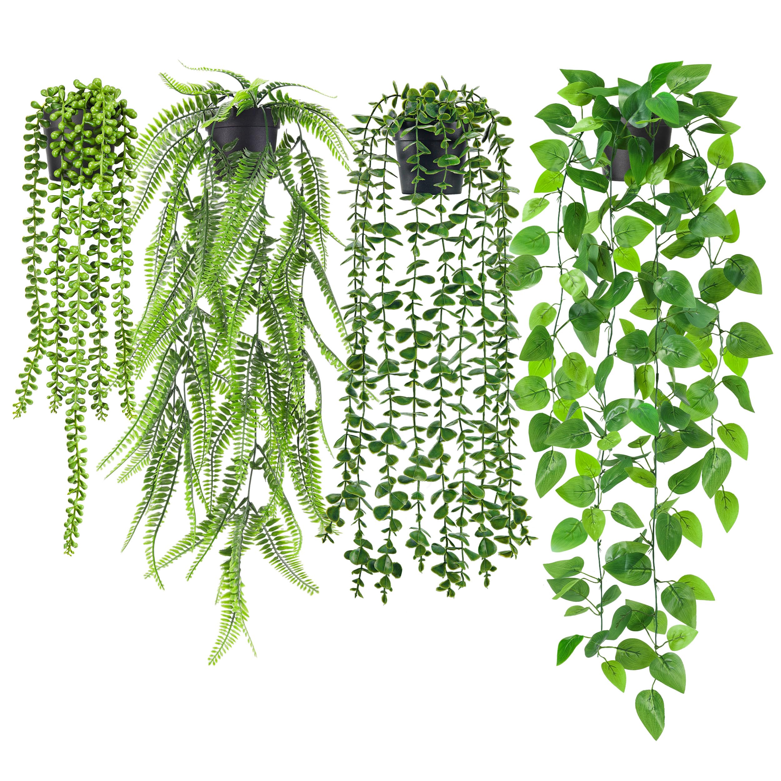 Photo 1 of Der Rose 4Pcs Fake Plants Hanging Artificial Ivy Vine Faux Eucalyptus Hanging Plants, Boston Fern, String of Pearls for Living Room Bedroom Boho Wall Shelf Indoor Outdoor Decor