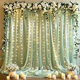 10x10ft Sage Green Tulle Backdrop Curtains with Lights String for Party,Wrinkle Free Sheer Curtain Wedding Photo Backdop Drapes for Baby Shower Birthday Party Photography Home Decorations
