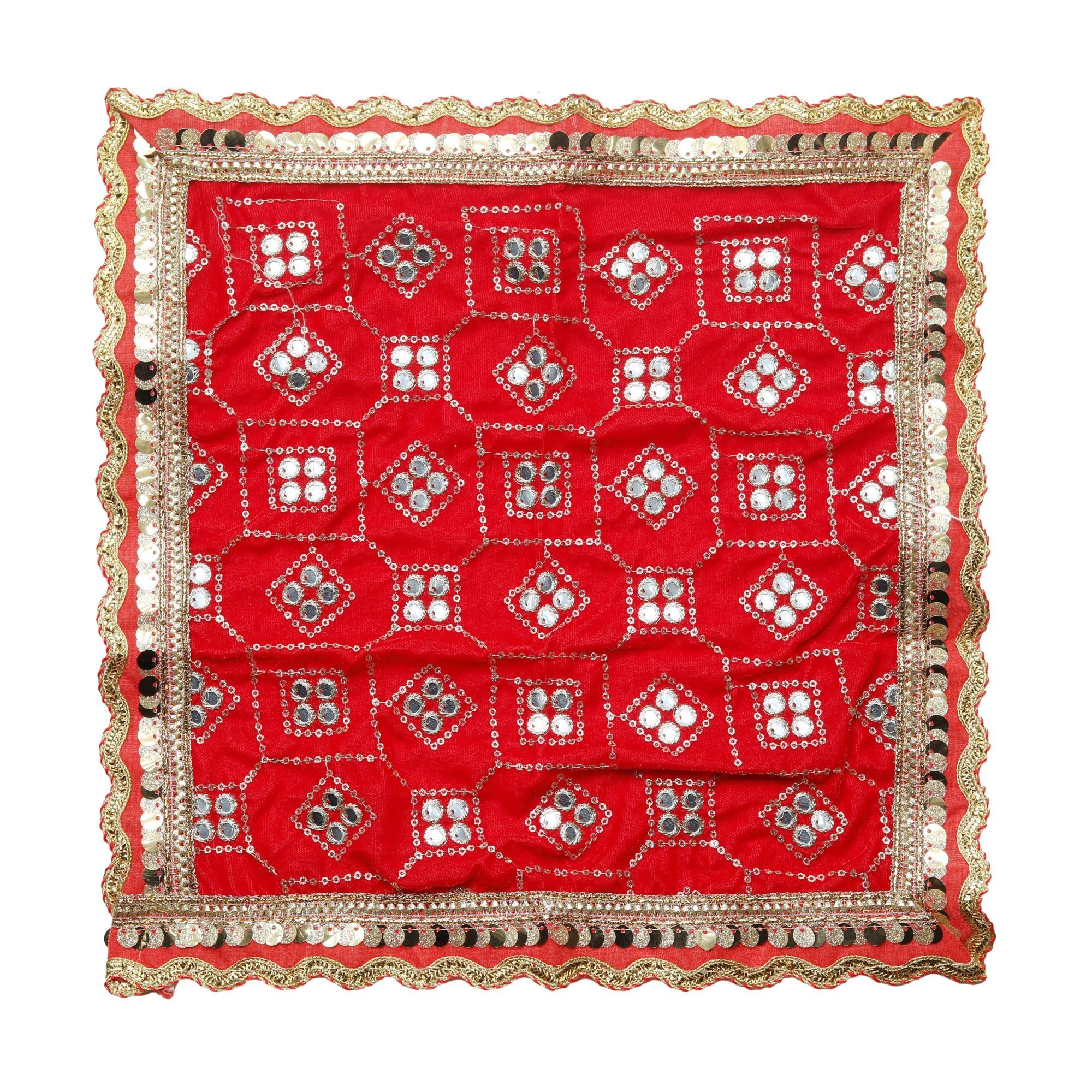 Decorative Mat Aasan Velvet Pooja Decorative Cloth Sequence Work (Size:- 14 Inches X 14 Inches) Multipurpose Pooja Indian Traditional Cultural New year Festival Decorations Item & Article(Red)