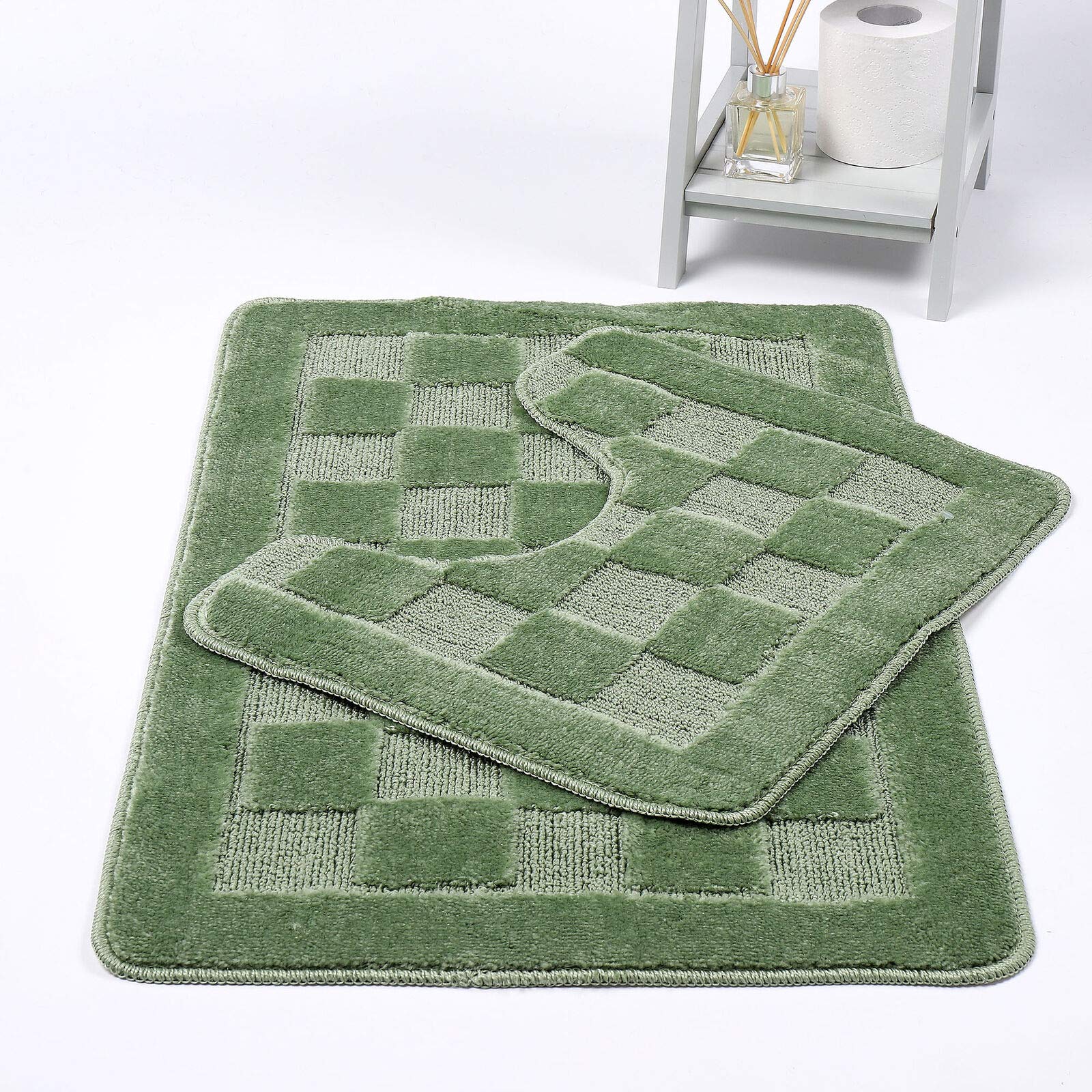 HOMES-LINEN Squares 2 Piece Bath Mat & Pedestal Set Non Slip Extra Absorbent Square Bathroom Toilet Rug Bath Mats Set (Sage Green)