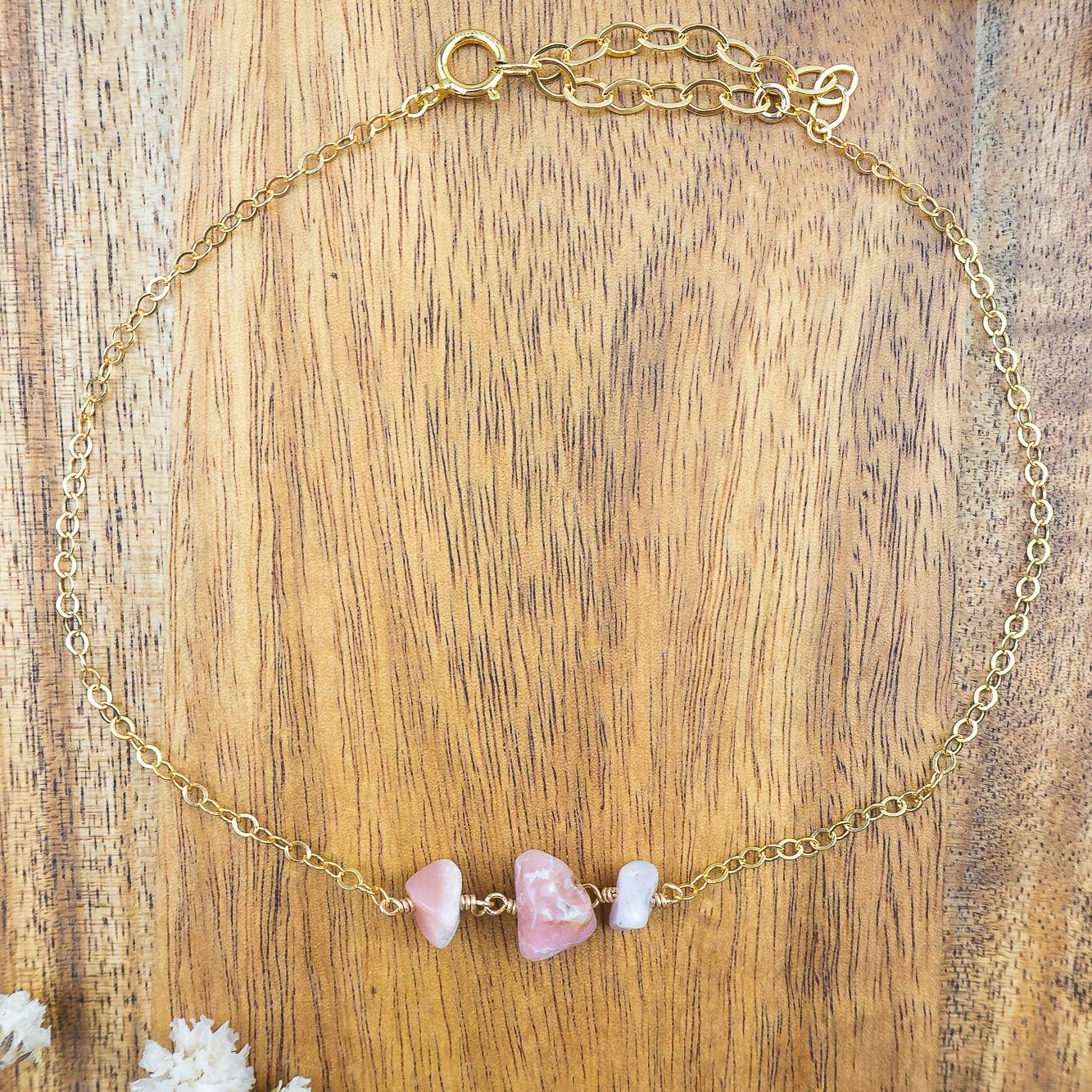 Pink Peruvian Opal beaded chain crystal anklet in 14k gold fill - 8" with 2" adjustable extender - October birthstone