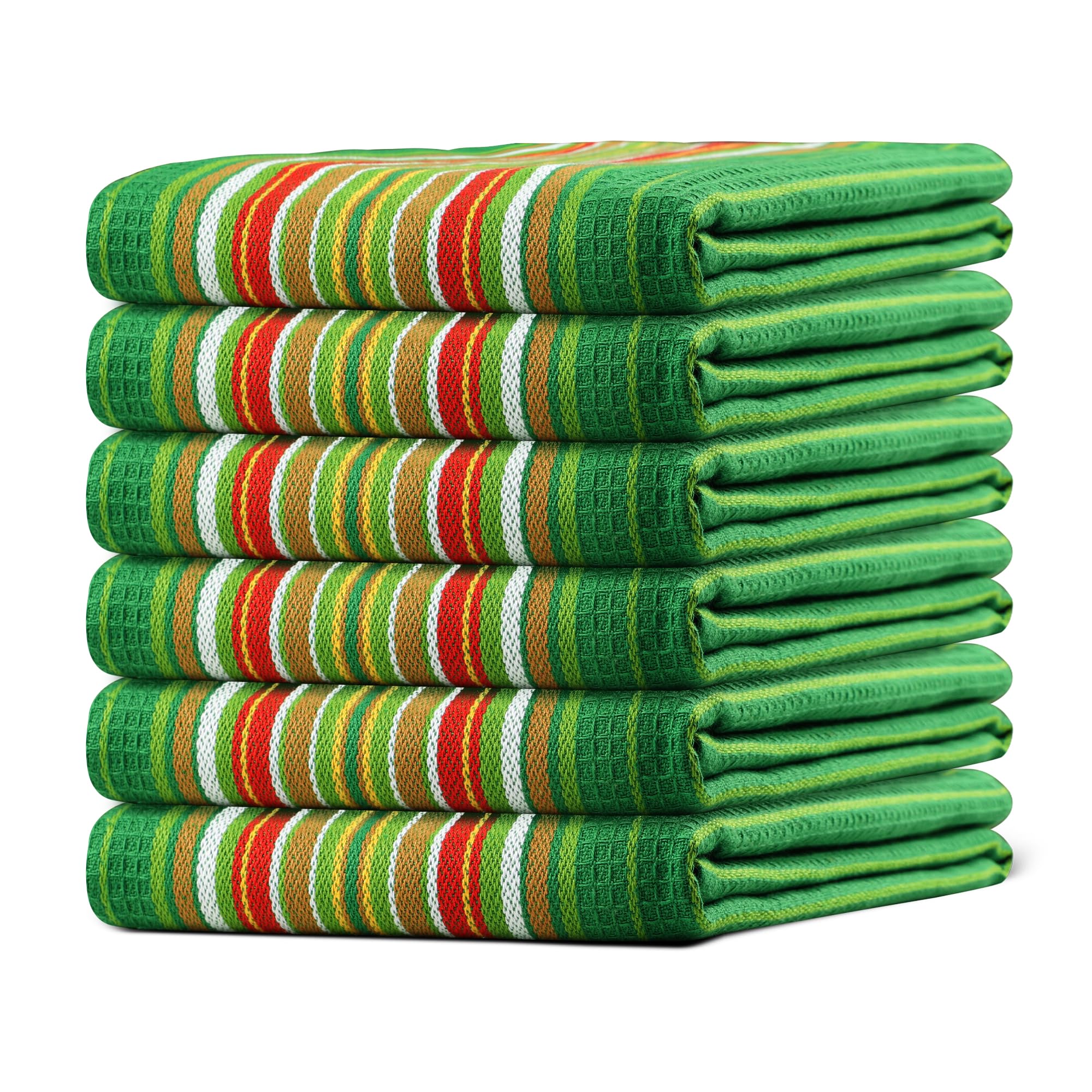 Urban Villa Kitchen Towels Premium Quality, 100% Cotton Dish Towels,Mitered Corners,Ultra Soft (Size: 51X76 CMS), Leaf Green Waffle Stripes, Highly Absorbent Bar Towels & Tea Towels - (Set of 6)