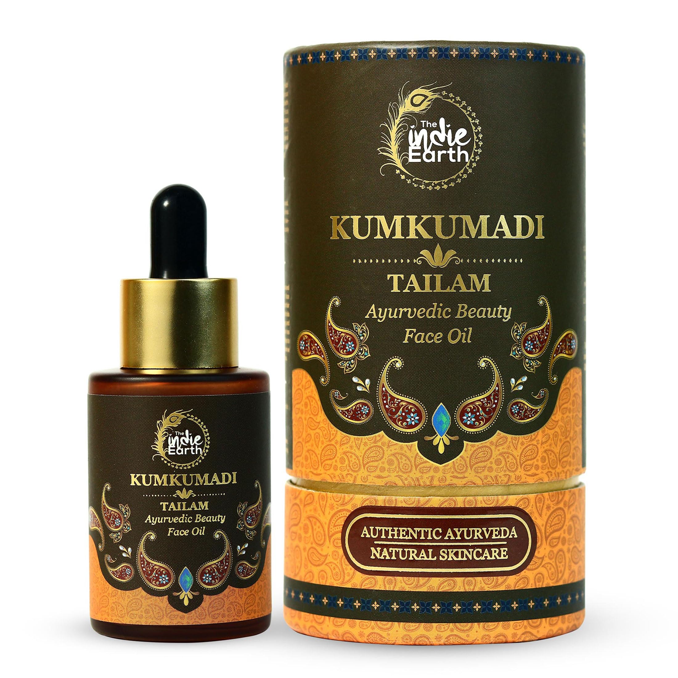 The Indie Earth Kumkumadi Tailam 30 ml | An Ayurvedic Beauty Face Oil | Miraculous Beauty Night Serum for Brighter, Glowing & Younger Looking Skin with Turmeric, Saffron, Blue Lotus & Indian Lotus