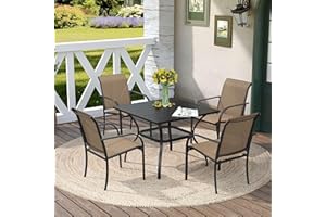 DIFY 5 Pieces Outdoor Dining Table Chair Set, Patio Dining Set with 1 Black Square Curved Legs Table with and Umbrella Hole & 4 Brown Stackable with Armrests Chairs for Lawn, Garden, Porch