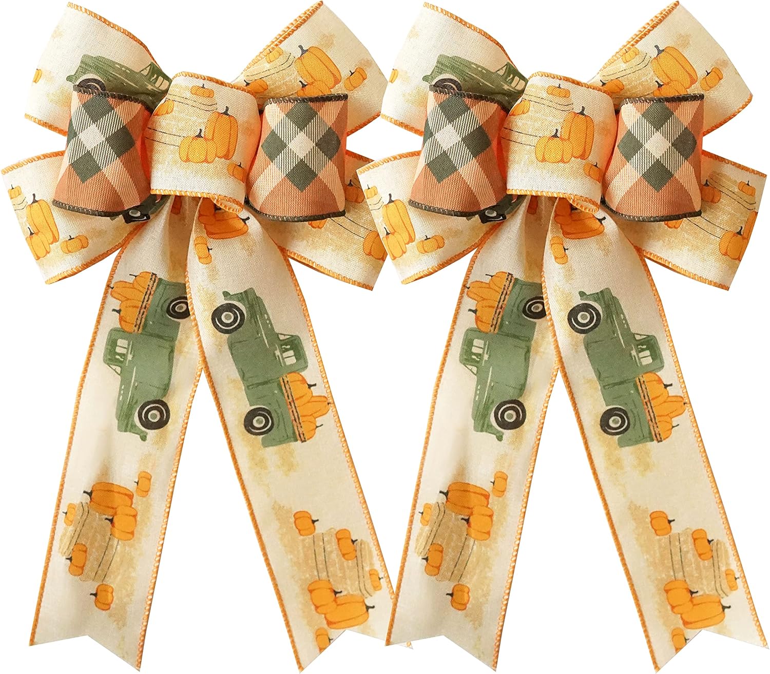 Bows & Ribbons - Farm Vintage Truck with Pumpkins Fall Bows, Autumn Thanksgiving Halloween Decor Bows for Wreath，Pumpkin and Plaid Burlap Bows Autumn Decorations 2 pcs，9×14 Inches (Vintage Truck)