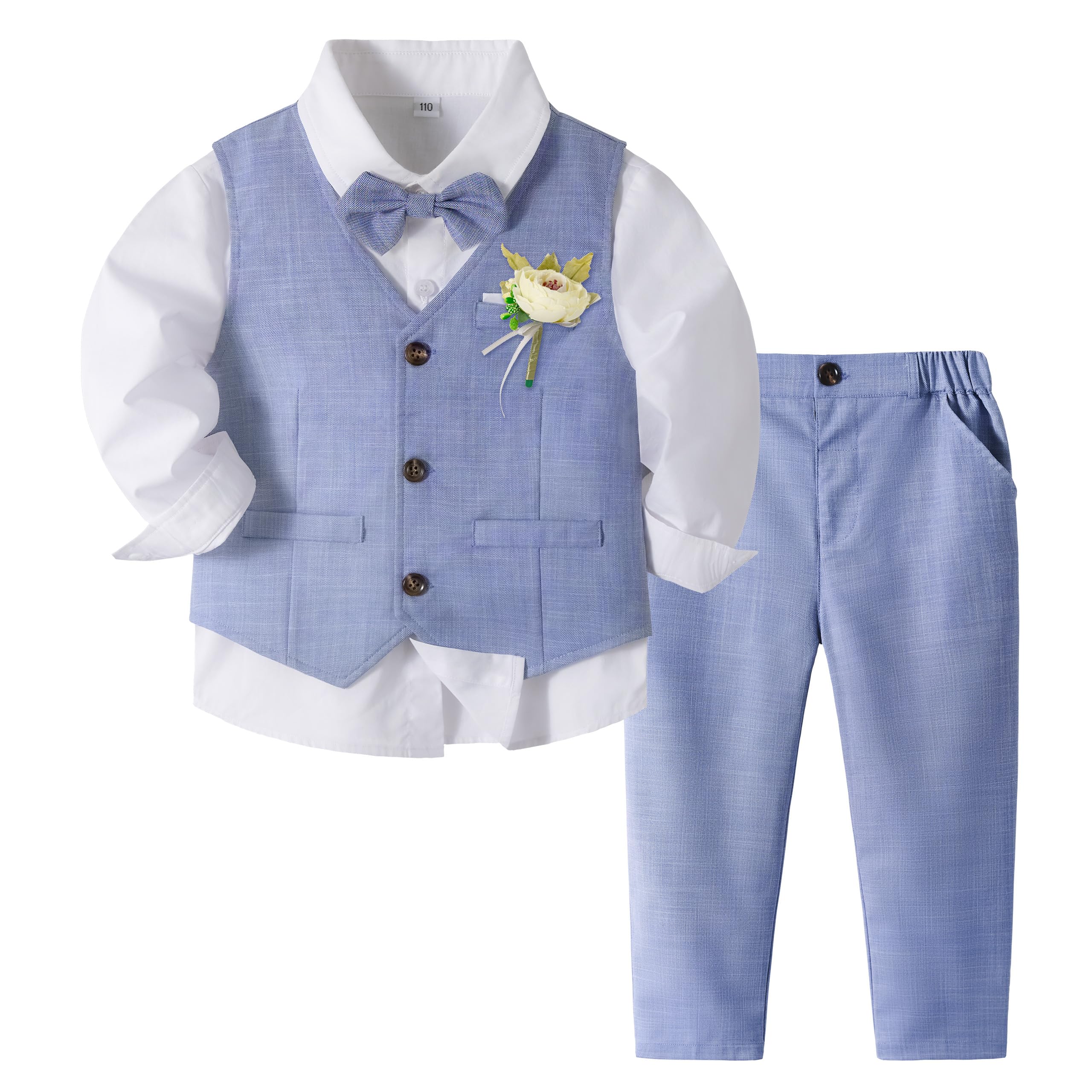 Photo 1 of Volunboy Toddler Boys Blue Vest Pants Set Wedding Bowtie Guest Gentleman Ring Bearer Suits Formal White Dress Shirt Graduation Tuxedo (Blue, 4-5T)