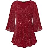Bebonnie Womens Ruffle 3/4 Sleeve V Neck Double Layers Mesh Blouses Loose Fit Flowy Tunic Tops