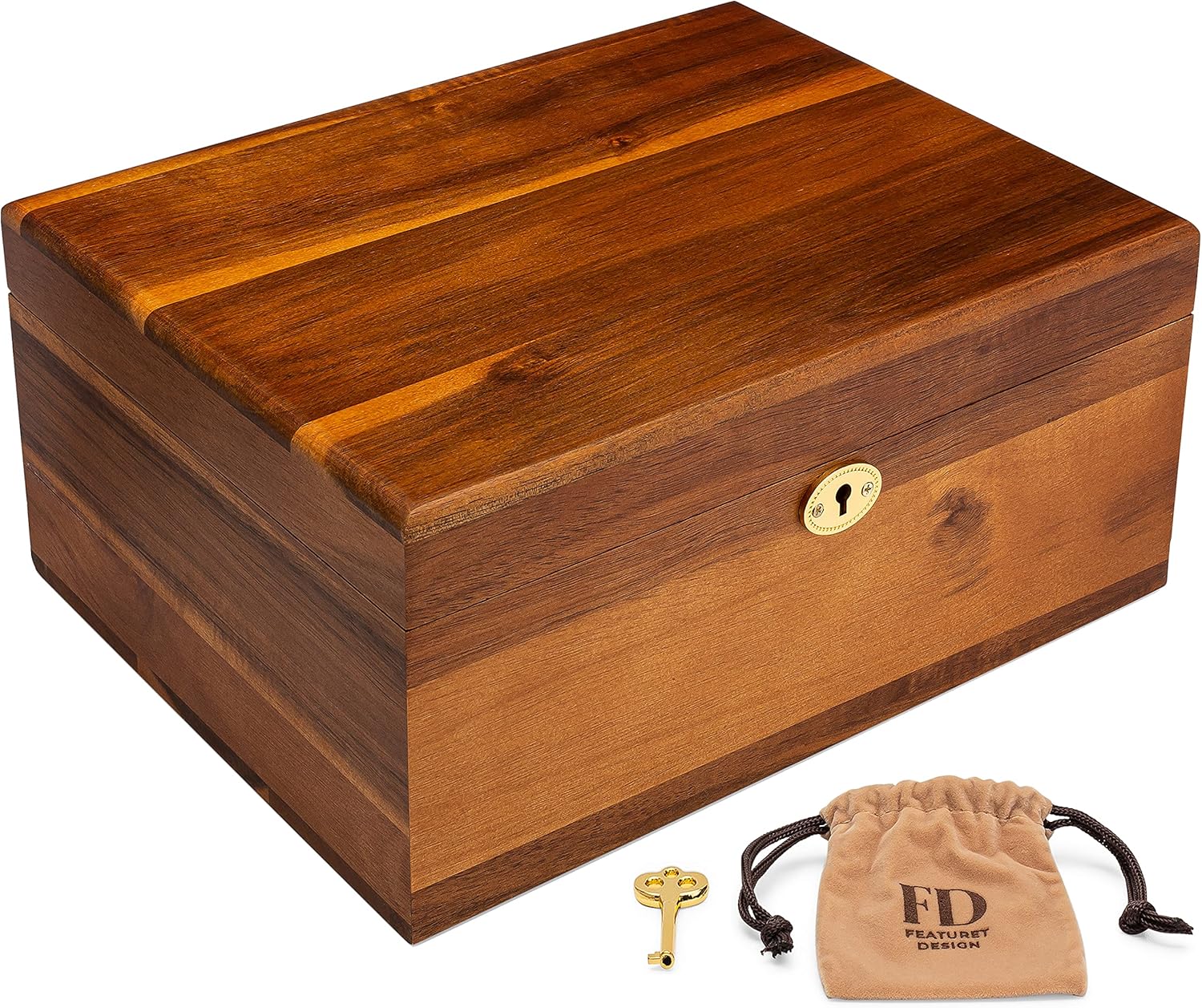 Wooden Storage Box with Hinged Lid and Locking Key - Large Premium Acacia Keepsake Chest with Matte Finish - Store Jewelry, Toys, and Keepsakes in a Beautiful Decorative Crate - 11 X 8.5 X 5 Inches