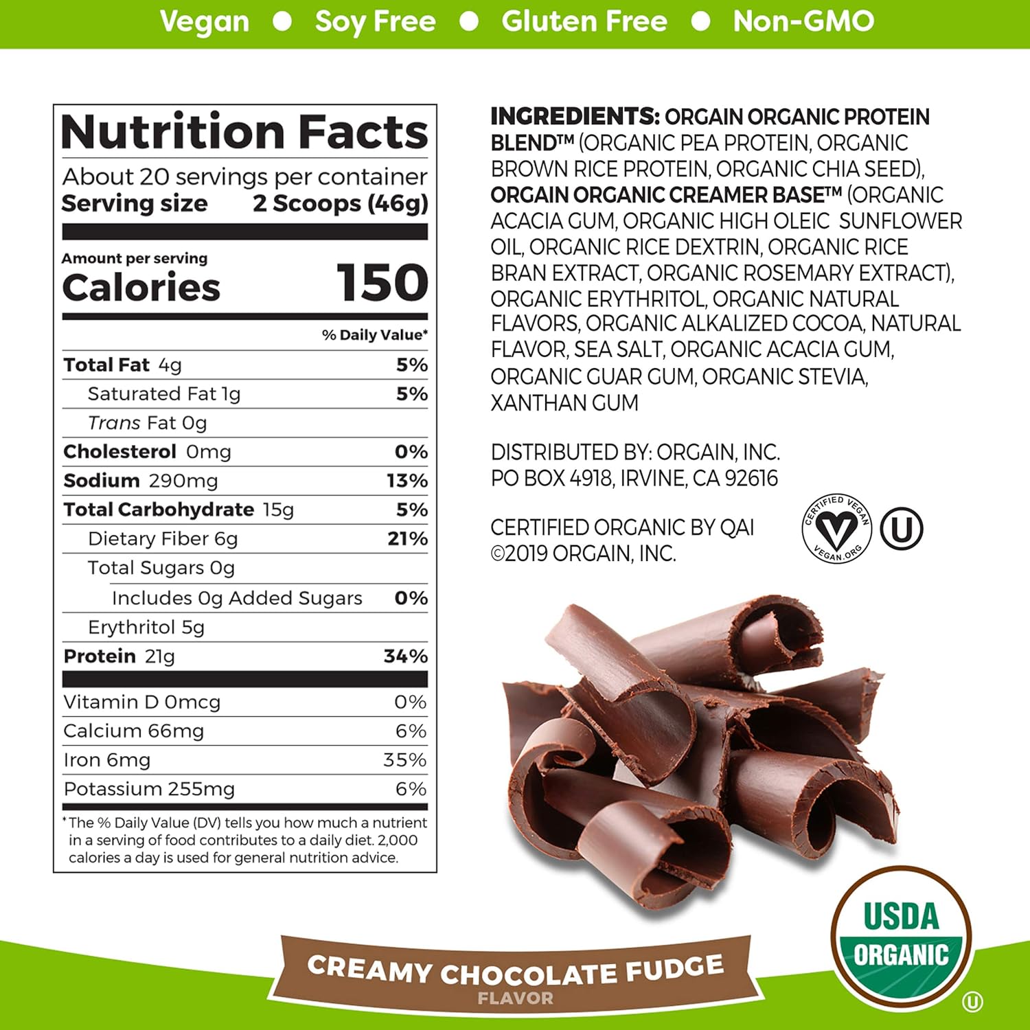 Orgain Organic Plant Based Protein Powder, Creamy Chocolate Fudge - Vegan, Low Net Carbs, Non Dairy, Gluten Free, Lactose Free, No Sugar Added, Soy Free, Kosher, 2.03 Pound (Packaging May Vary): Prime Pantry