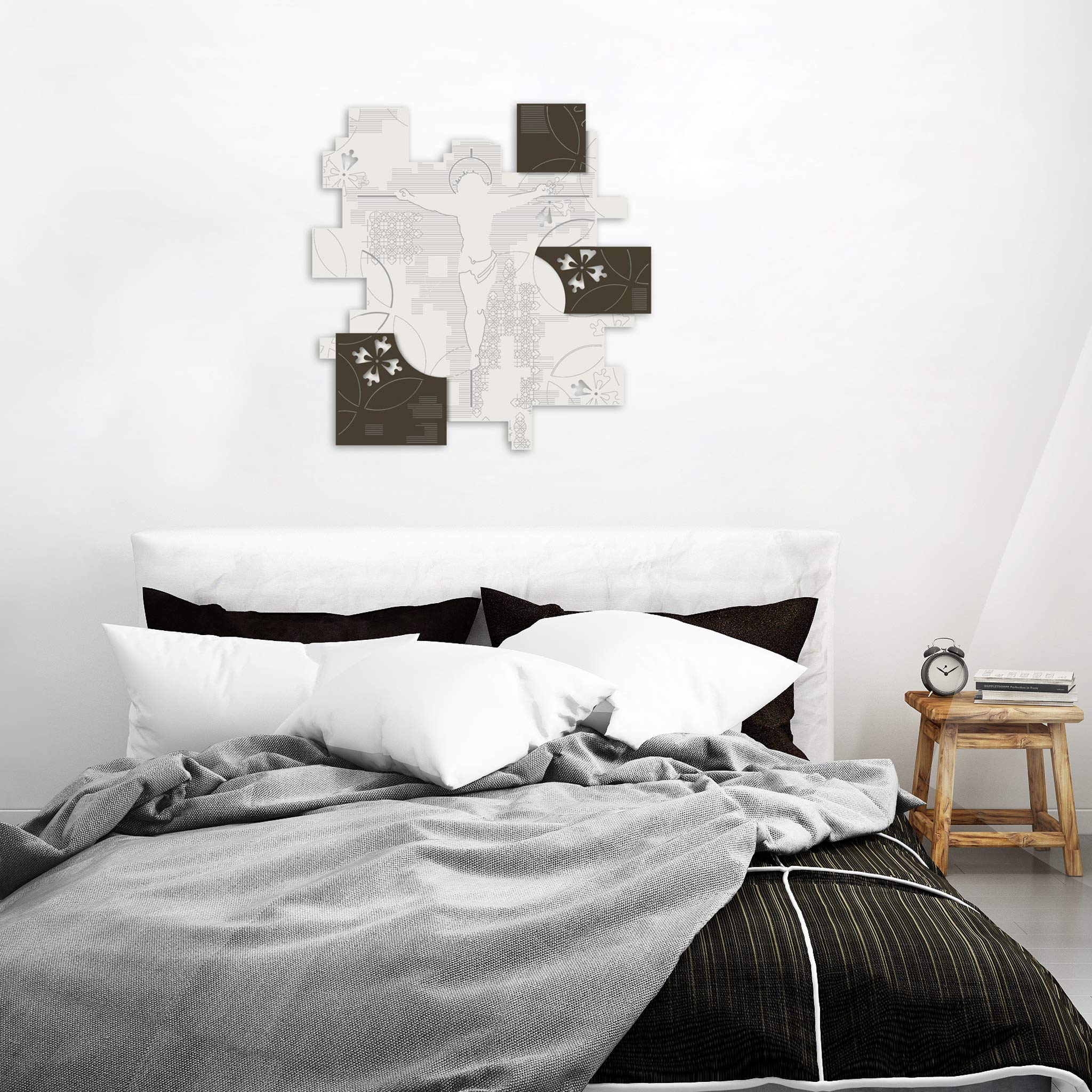 L:A:S Laser Art Style Modern Wall Crucifix for Bedroom, Wood, Cream-Brown, 68x70 cm