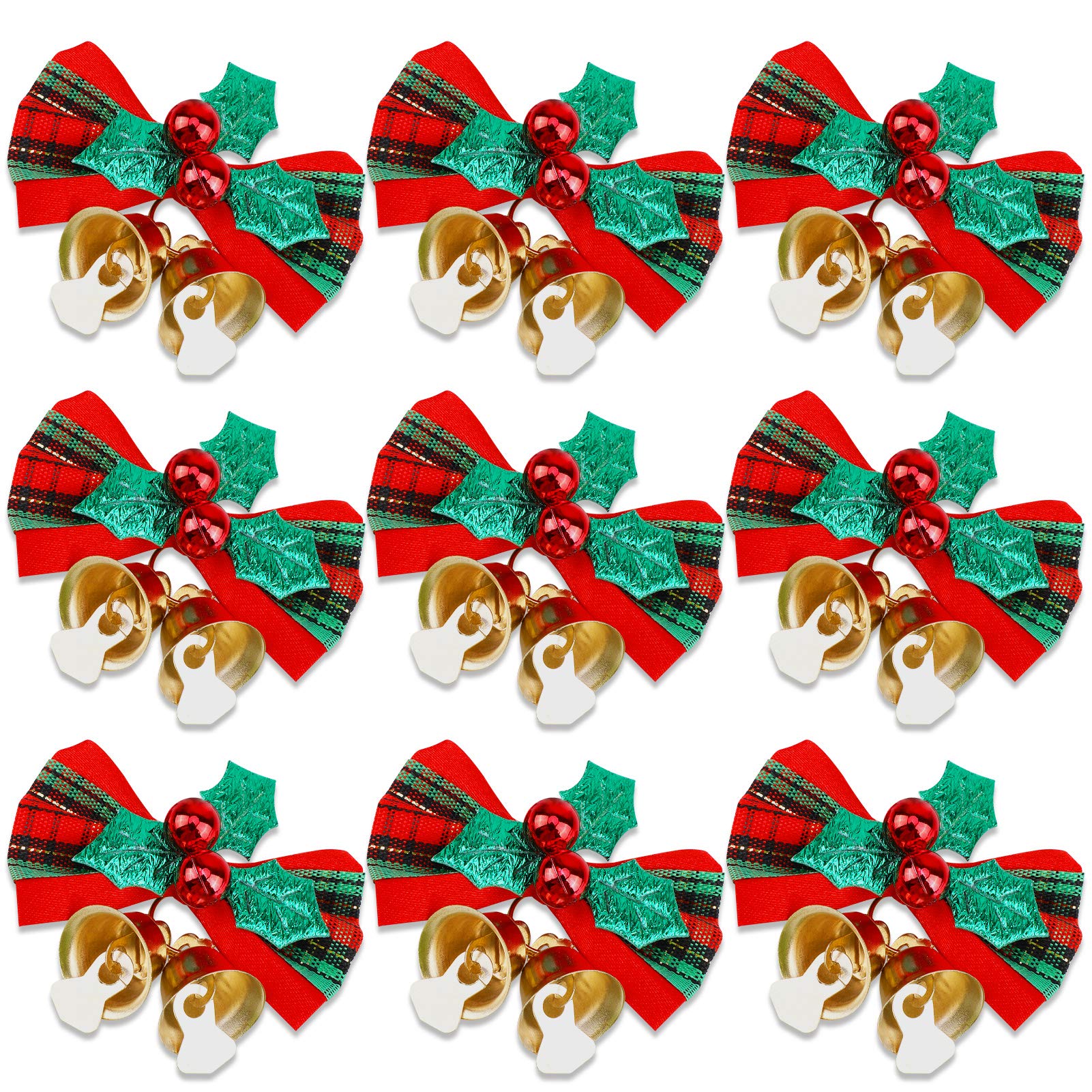 HOWAF 24pcs Christmas Bow with Bells Xmas Wreaths Bows Mini Christmas Tree Bows Decorative Xmas Fabric Hanging Decorations Ornaments New Year Festive, Red Green Gold 5x4cm