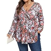 Purple Pocket Womens Plus Size Long Sleeve Fall Tops Ruffle Wrap V Neck Pleated Shirts Dressy Casual Loose Tunic Blouse
