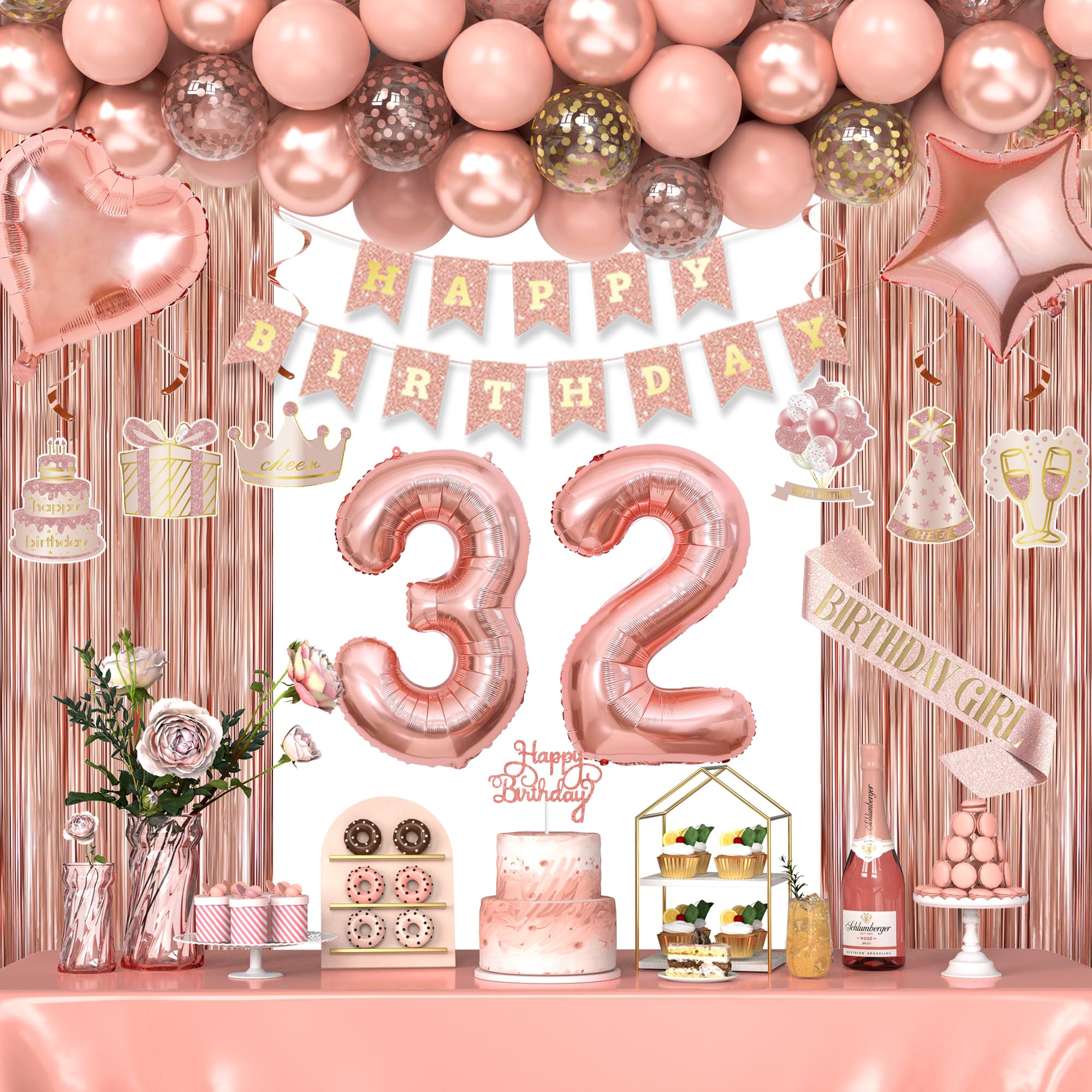 Photo 1 of 32nd Birthday Decorations for Women Girls, Happy 32 Birthday Decorations for Her, Rose Gold Birthday Party Supplies with Banner, Number Balloons, Fringe Curtains, Hanging Swirls, Foil Balloons