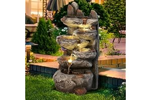MAGIC UNION 6-Tier Cascading Rock Water Fountain, 27" H Outdoor Freestanding Rockery Fountain with LED Light and Pump, Outdoor Garden Waterfall Decor for Patio, Yard and Deck Decor, Natural Stone Look