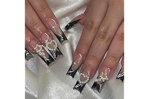 IMSOHOT Square Press on Nails Long French Tips Fake Nails Black Acrylic Pearl False Nails with Designs with Metal Star Designs Full Cover Glue on Nails for Women 24pcs