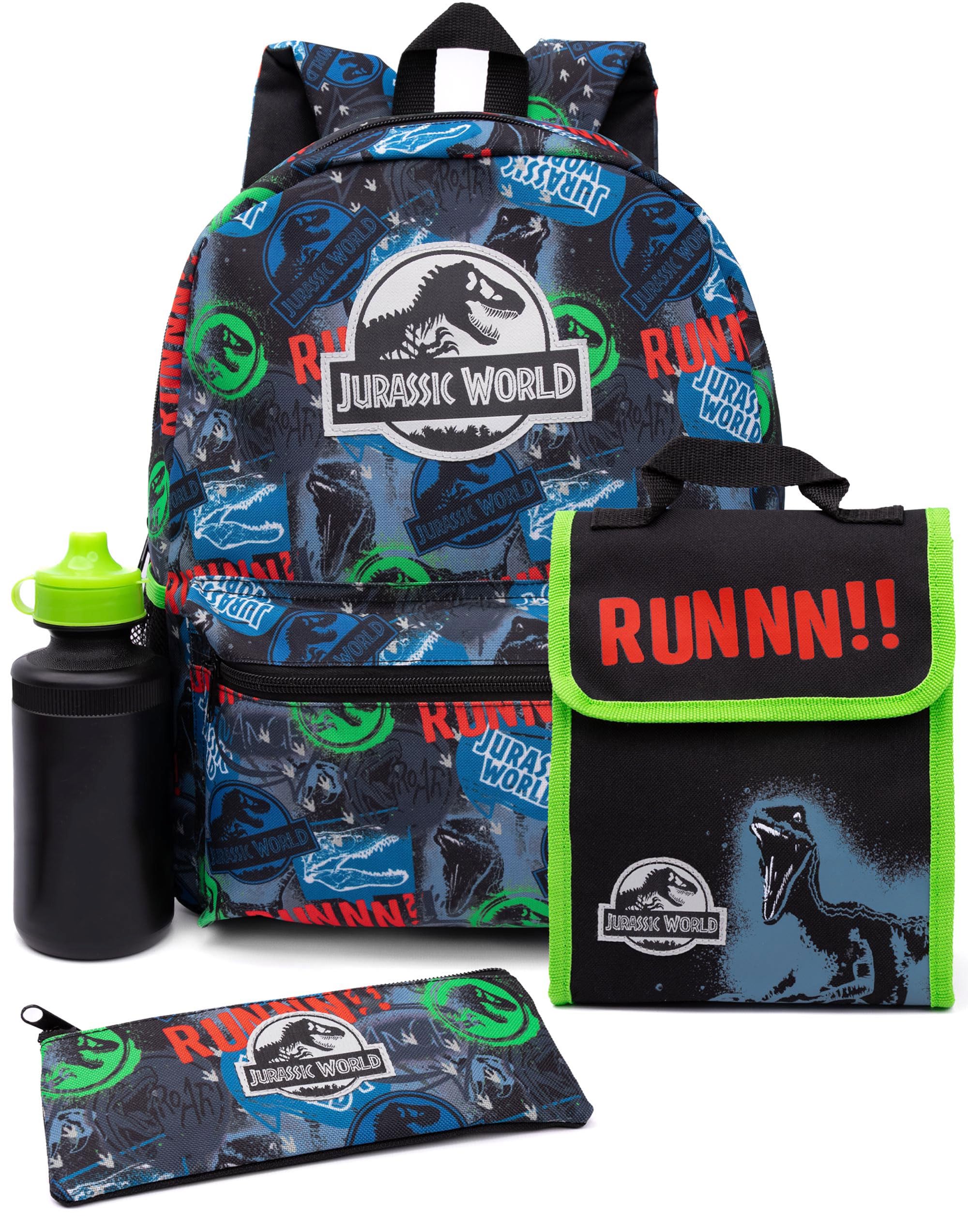 Jurassic World Backpack and Lunch Box Set for Kids | 4 Piece Dominion Movie T-Rex School Rucksack, Lunch Bag, Pencil Case & Water Bottle One Size