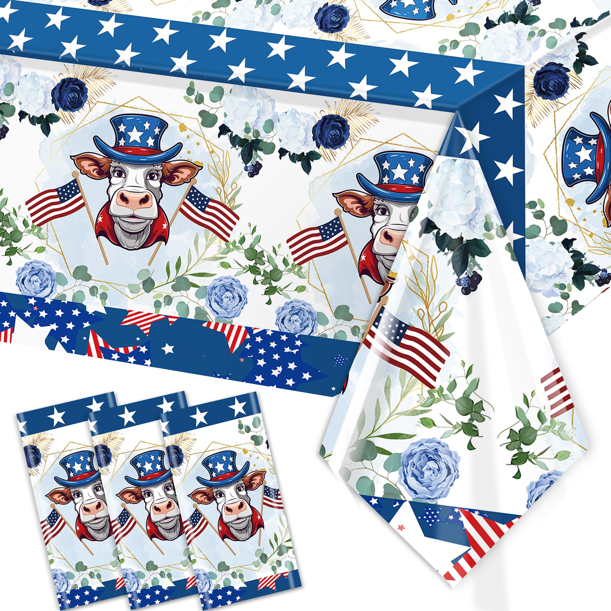 Photo 1 of Highland Cow Patriotic Flag Tablecloth - 3 Pack American Flag Plastic Table Cloth(54”x108”) Patriotic Table Covers 4th of July Party Supplies Decorations for Memorial Day Veterans Day Independence Day