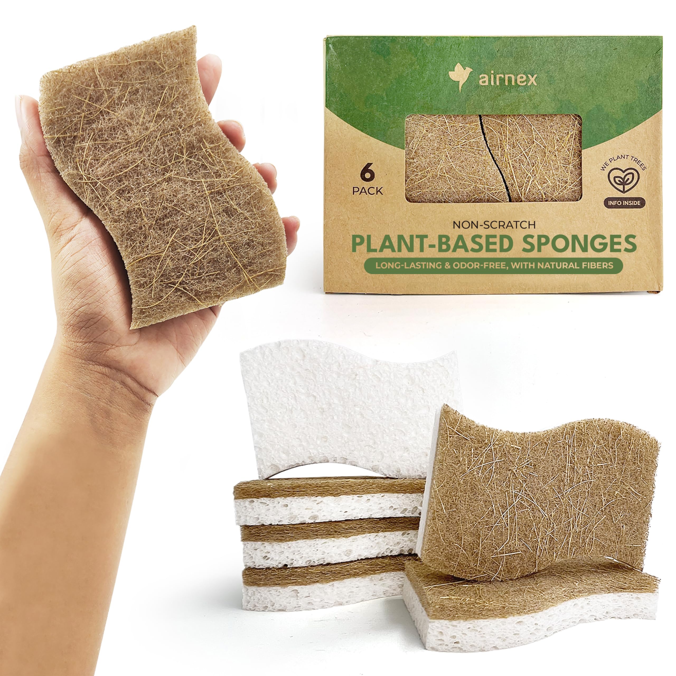 AIRNEX Biodegradable Natural Sponge Pack of 6 - Cellulose and Coconut Cleaning Sponges Scrubbers for Washing Up - Eco Heavy Duty Non Scratch Kitchen Scourers Sponge Multipack for Dishes, Pots and Pans