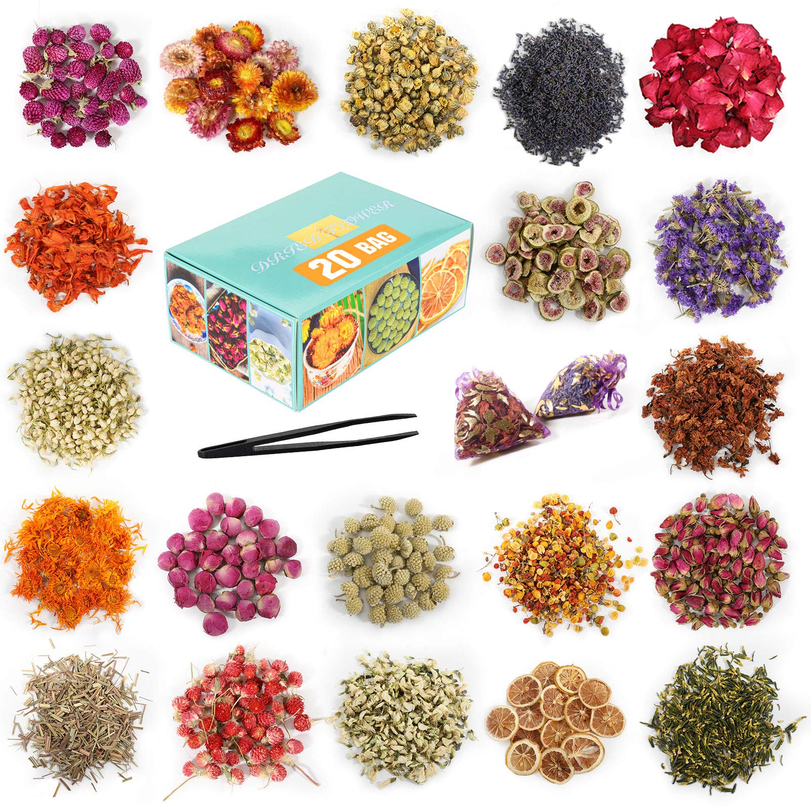 20 Bags Dried Flowers,100% Natural Dried Flowers Herbs Kit for Soap Making, DIY Candle Making,Bath - Include Rose Petals,Lavender,Don&amp;#39;t Forget Me,Lilium,Jasmine,Rosebudsand More