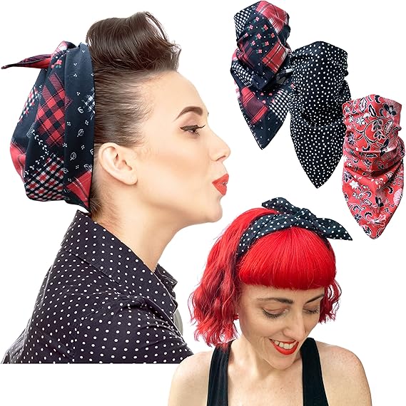 Amazon レディース バンダナ ロカビリースタイル 3点セット スタイリッシュなトラベルバッグ付き すぐに1950年代のヴィンテージルックに変身させたい時に髪が散らかった日に最適 ヘアバンド ターバン 通販