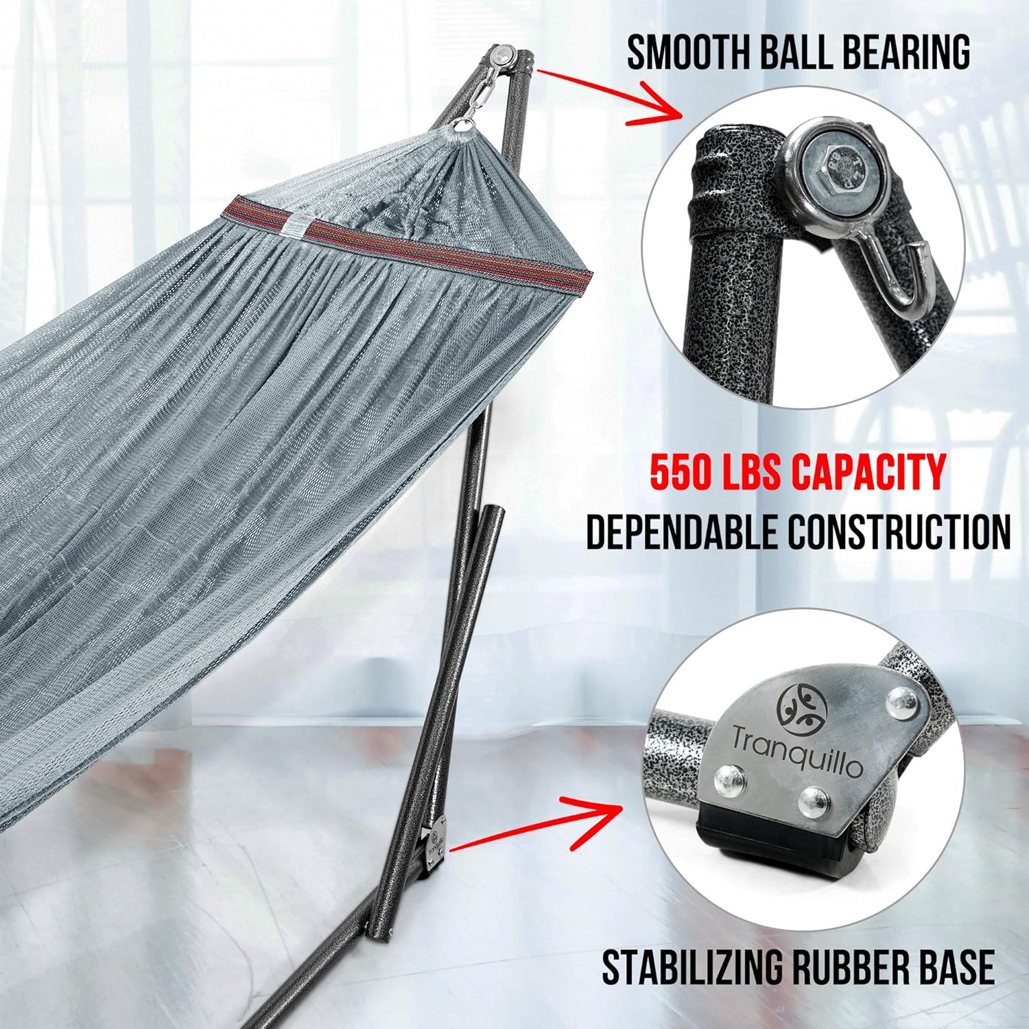 Tranquillo YW2N Universal Hammock Stand-1.2mm Thickness Steel Frame with Hanging Net, Double, Grey : Garden & Outdoor