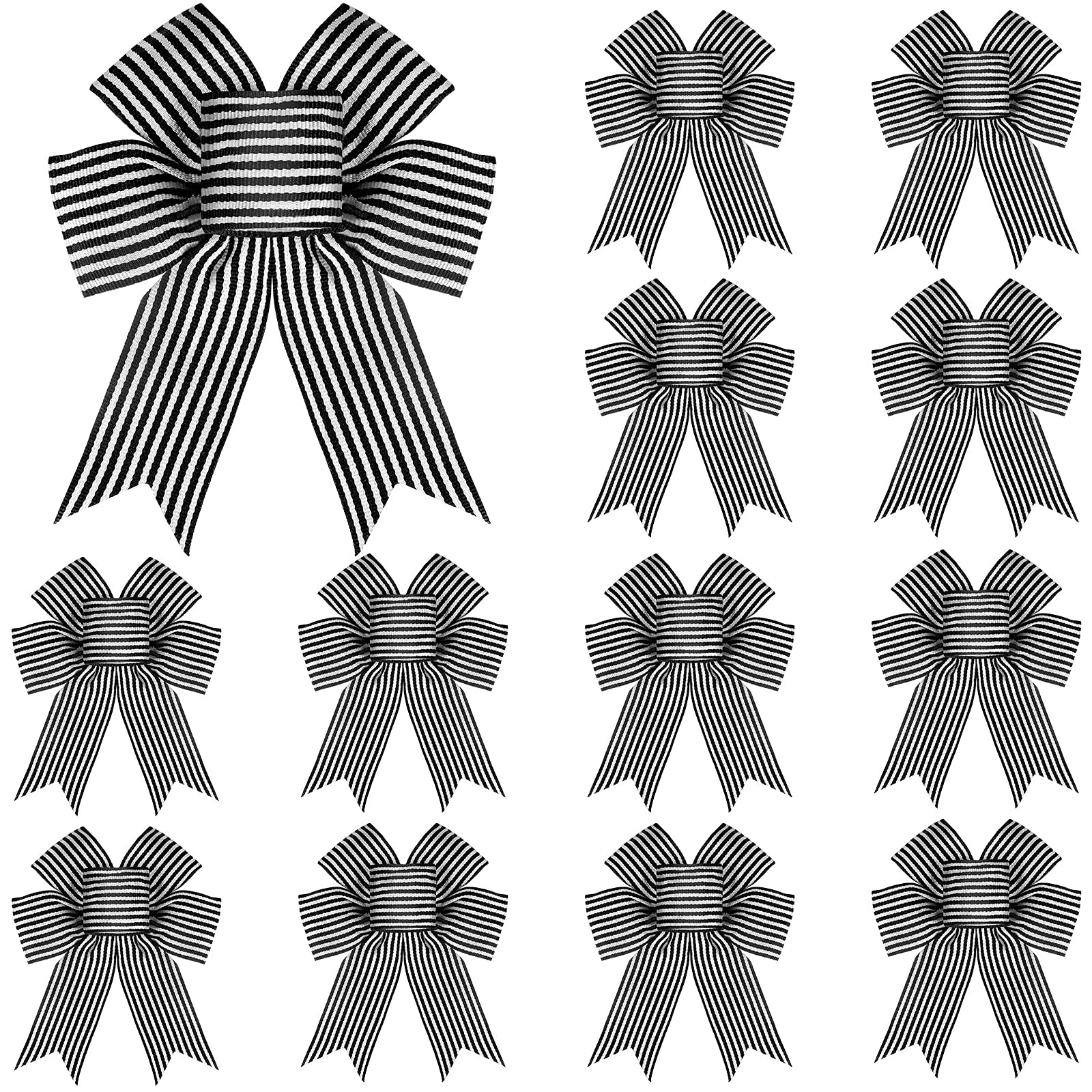 Photo 1 of 12 Pieces Halloween Black White Stripe Tree Topper Bows Christmas Burlap Bows Halloween Christmas Wreath Bow Craft for Tree Gift Wrapping Wall Home Front Door Decor
