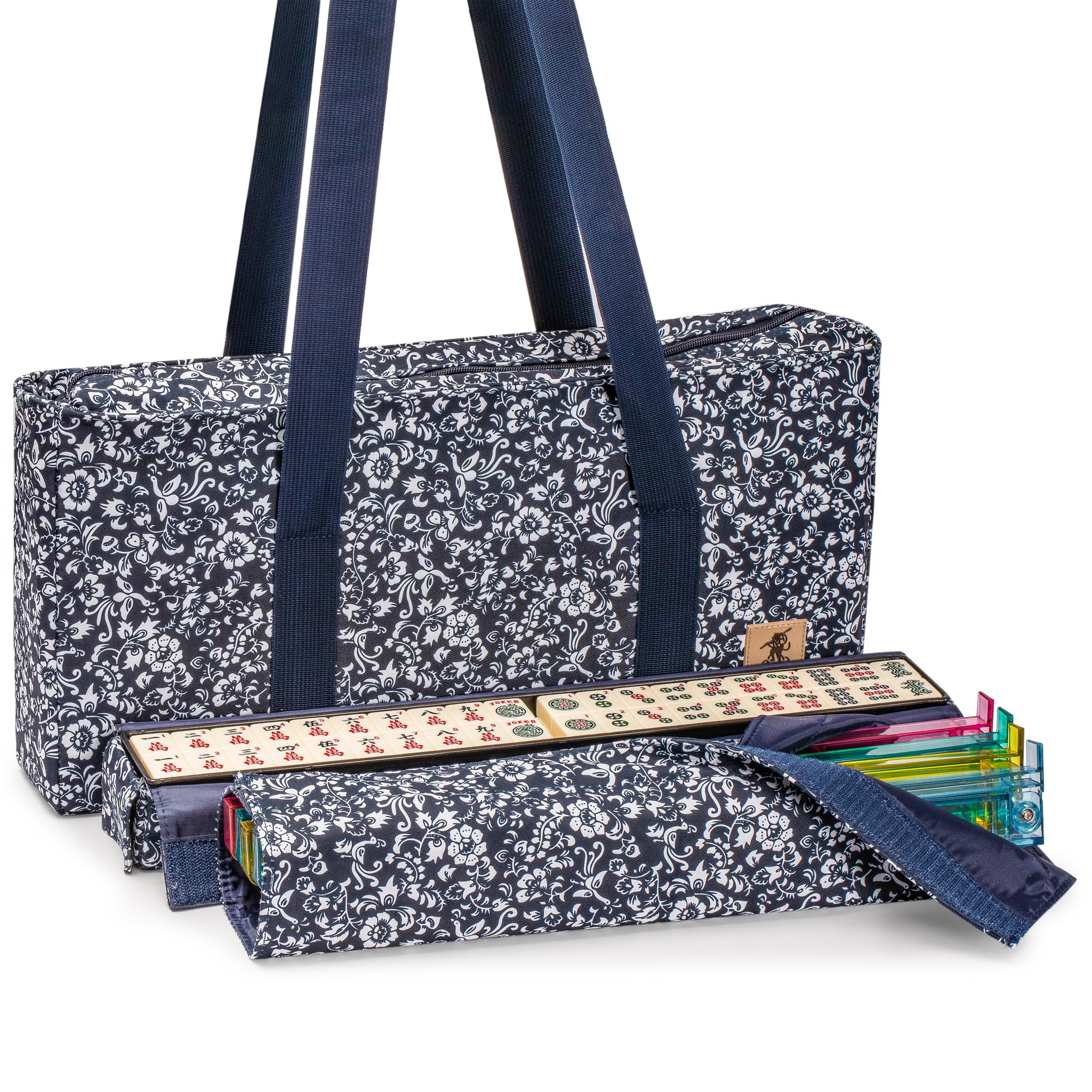 Yellow Mountain Imports American Mahjong Game Set, Blue Calico with Floral Blue Soft Case - All-in-One Racks with Pushers, Wright Patterson Scoring Coins, Dice, and Wind Indicator