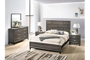 Roundhill Furniture Stout Panel Queen Size Bedroom Set with Bed, Dresser, Mirror, 2 Night Stands, Grey
