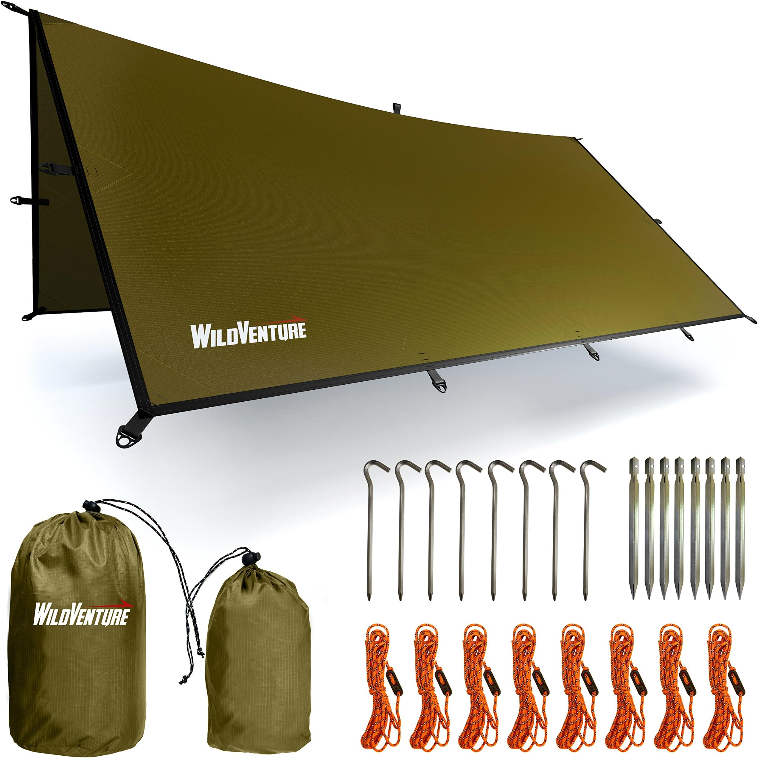 WildVenture Rain Fly Tent Tarp - Waterproof Lightweight Survival Gear Versatile Shelter for Camping, Hiking, Backpacking, Hammock, and Outdoor Living - 9.8' x 9.3'