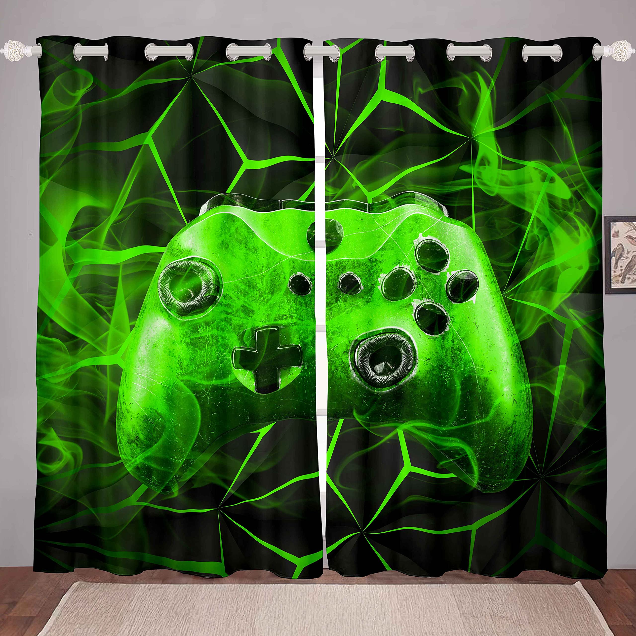 Loussiesd Gaming Curtains Drapes Kids Gamer Video Games Curtain Set for Boys Modern Game Controller Fabric Curtain Green Gamer Console Curtains W46*L54 — image 1