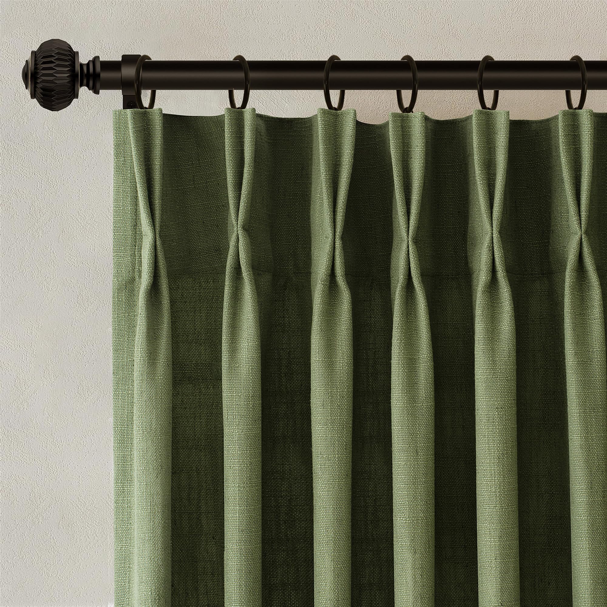 Photo 1 of Olive Green Pleated Linen Curtains 90 Inches Long for Living Dining Room Bedroom Light Filtering Boho Window Drapes 2 Panels with Hooks Rings Clips Sliding Glass Door Semi Sheer Curtain Pinch Pleat