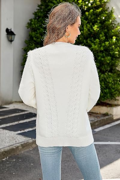 BMJL WOMENS 2023 PULLOVER SWEATERS CREWNECK CABLE KNIT CUTE TRENDY FALL WINTER SWEATER TOPS(L,WHITE)