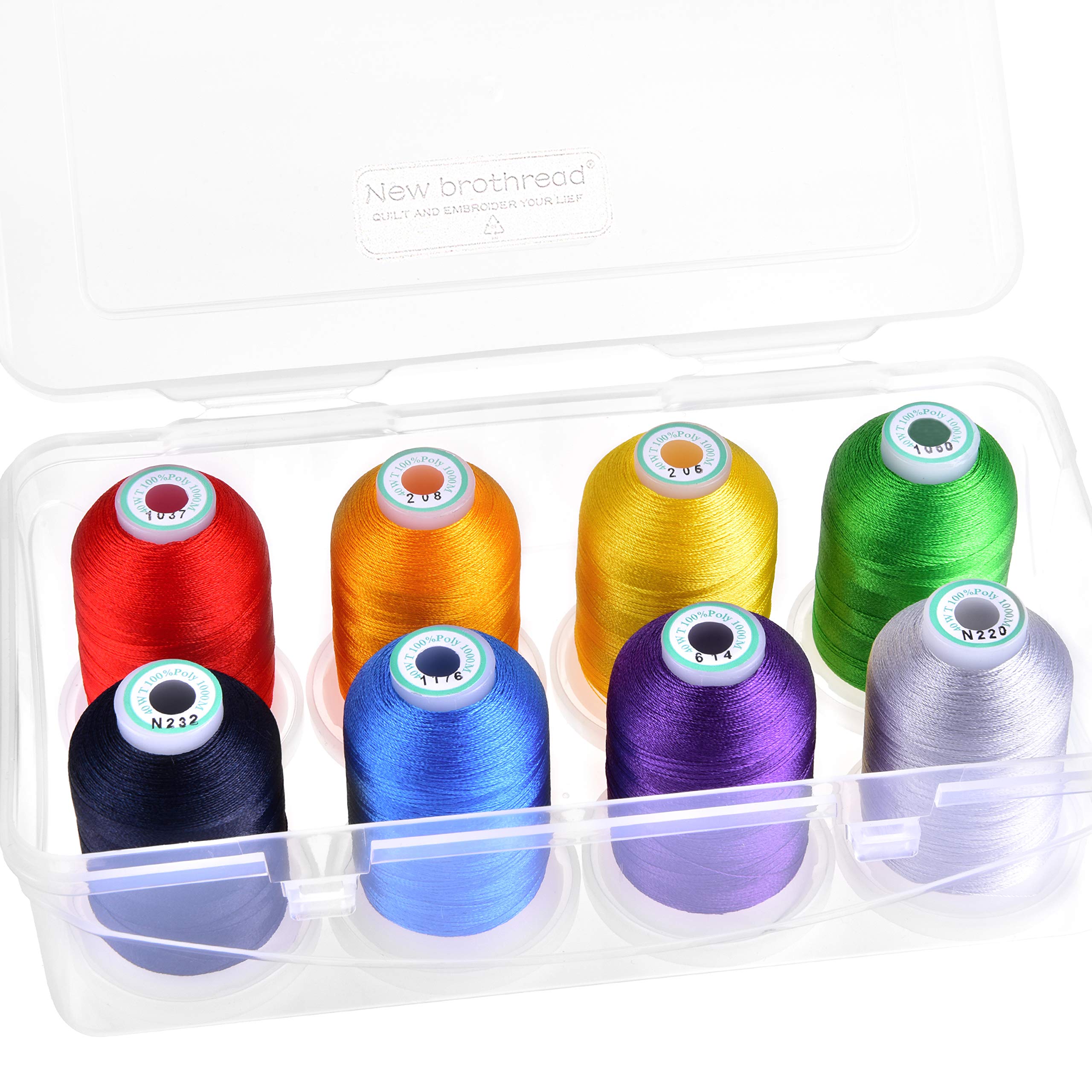 New brothread - 15 Options - 8 Snap Spools of 1000m Each Polyester Machine Embroidery Thread with Clear Plastic Storage Box for Embroidery & Quilting - Over Rainbow