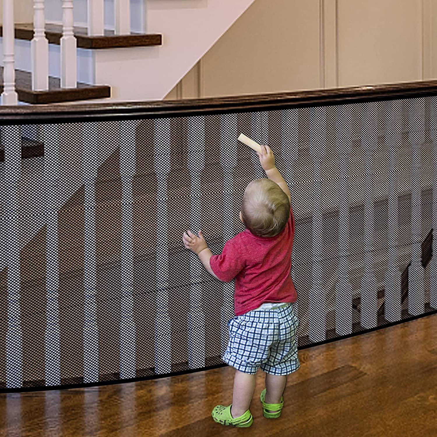 Photo 1 of JIFTOK 2 Sets Baby Gate for Stairs, Banister Guard for Kids, Pets, Toys, 2 Set 18 ft x 2.6 ft Mesh Netting Safety Net for Balcony Rail Stair, Stairway Net Safety Products for Indoor & Outdoor (Black)
