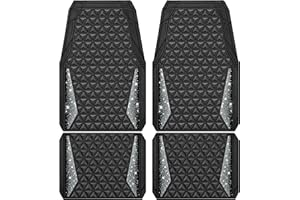 CAR PASS Bling Diamond Car Mats Rubber Floor Mats Full Set Anti-Slip 3D Rhombus Waterproof Trim to Fit Liner Universal Glitter Crystal Sparkly Shining Rhinestone Girl Women SUV Sedan Van, Black Silver