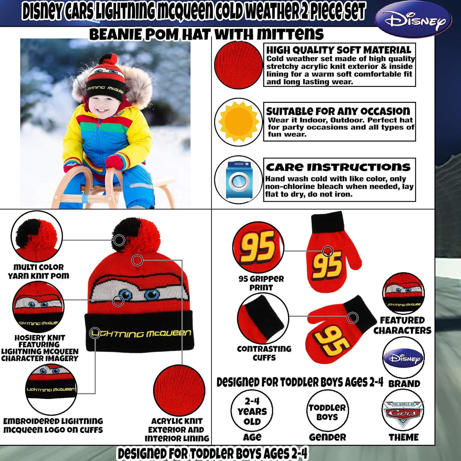 Disney Boys Winter Hat Set, Cars Lightning McQueen Toddler Beanie Kids, Red Design, Mittens - Age 2-4: Clothing