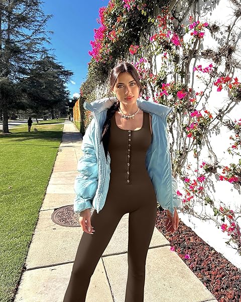 OQQ JUMPSUITS FOR WOMEN RIBBED SQUARE NECK SLEEVELESS SEXY STRETCH FLARE JUMPSUITS DARKBROWN