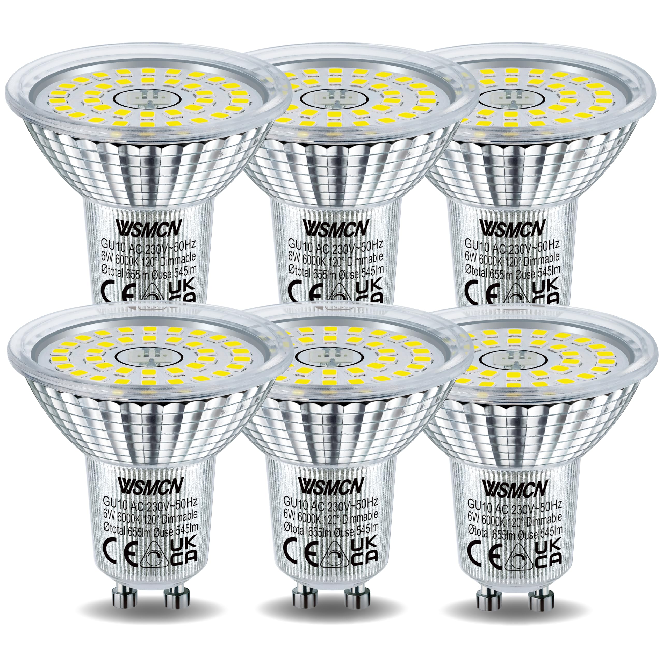 WSMCN GU10 LED Bulbs Dimmable 6W, Cool White 6000K 545LM, 75W Halogen Equivalent, 120° Beam Angle, Flicker-Free Spotlight, Pack of 6 — image 1