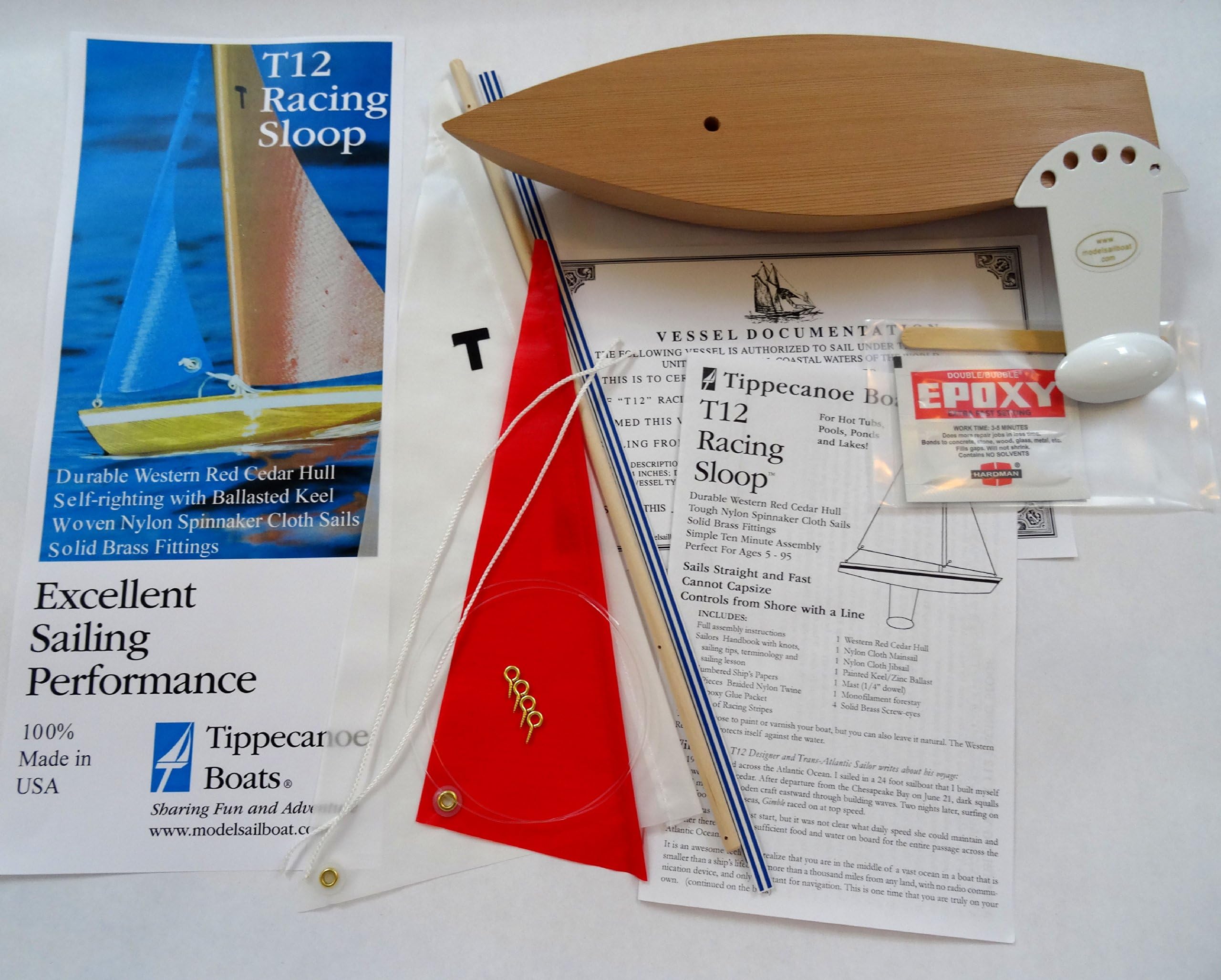 T12 Cruiser Sailboat Kit (White/red) - Not a Radio Control. Sailing Model Sailboat, Toy Sailboats that Sail, Toy Sailboats that Float, Toy Sailboat Wood, Toy Sailboat Wooden - It Really Sails!